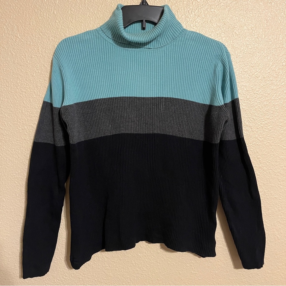 Karen Scott Women’s S Turquoise, Gray, & Black Ribbed Turtleneck Sweater